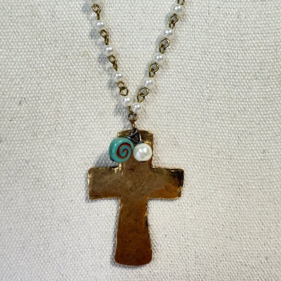 Hammered Metal Cross Necklace Faux Pearl Chain Charms Long Length Gold Tone - Picture 1 of 4